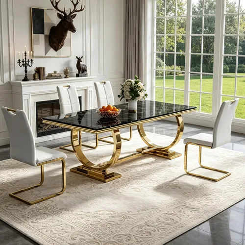 Vista 22 de 5 Piece Black Marble Dining Table Set for 4, Modern Faux Marble Kitchen Dining Room Tables with 4 Leather Chairs Set, 68.11" Luxury Rectangular