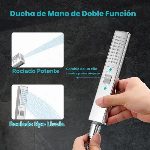 Vista 5 de Cabezal de ducha de lluvia, cabezal de ducha rectangular de 12 x 8 pulgadas con rociador de mano, juego de cabezal de ducha doble con barra
