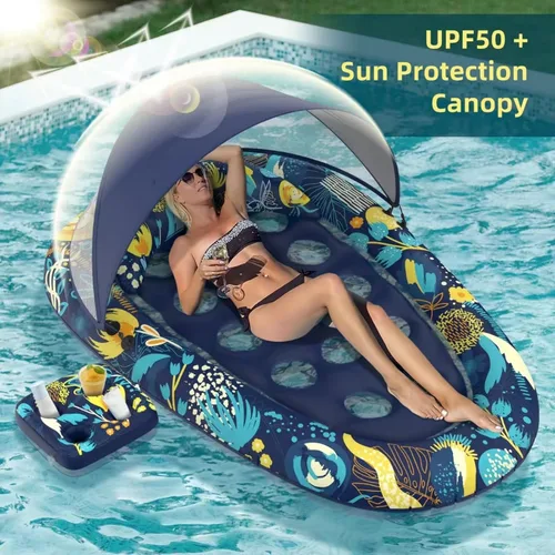 Vista 2 de Sunikko X Flotadores de piscina 3 en 1 con soporte para toldo, flotadores grandes de 73 x 48 pulgadas para adultos, resistente, tumbona inflable