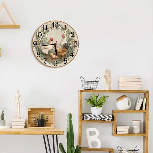 Vista 6 de Reloj de madera retro con corona de pollo, 10 pulgadas, funciona con pilas, reloj de pared sin tictac, relojes de decoración de gallinero de madera