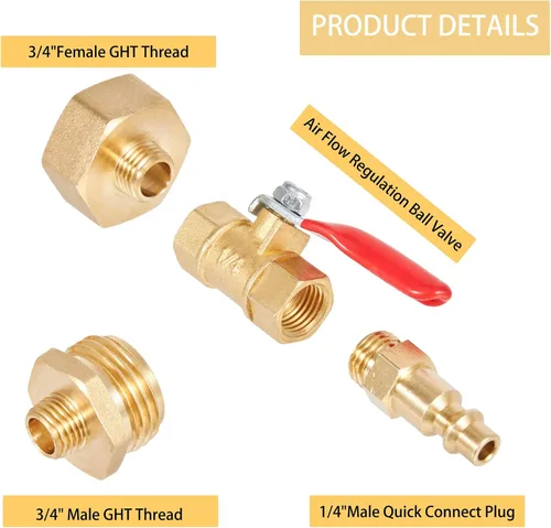 Vista 3 de Adaptador de Soplado para Invierno, Conector Macho de Conexión Rápida de 1/4 Pulgadas y Rosca de Manguera GHT de 3/4 Pulgadas. Con Válvula de Bola