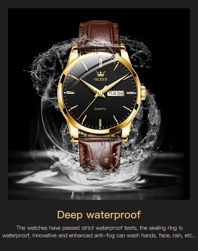 Vista 5 de OLEVS Reloj para hombres cronógrafo marrón cuero oro caso analógico cuarzo moda negocios vestido grande hombres reloj día fecha luminoso impermeable