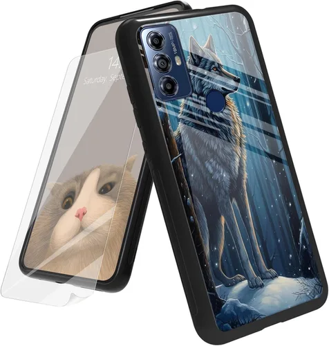 Vista 99 de Funda para Motorola Moto G Play 4G 2024 con protector de pantalla, parte trasera de vidrio templado + funda de silicona suave TPU absorción