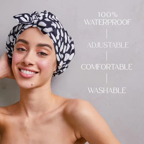 Vista 4 de GRACE & COMPANY Gorro de ducha de lujo para mujer - 100% impermeable, reutilizable, lavable y transpirable - Casablanca Casablanca en caja de regalo