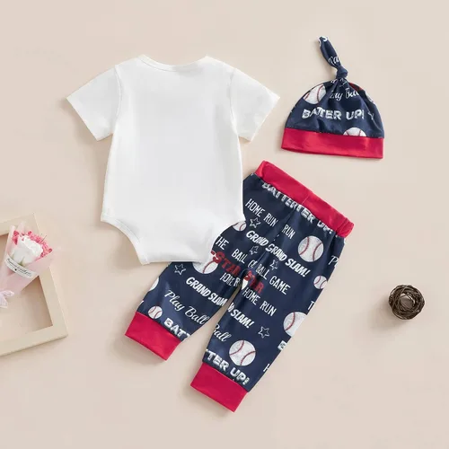 Vista 3 de Chloefairy Traje de béisbol para bebé recién nacido, traje de béisbol para recién nacido, mameluco de béisbol, pantalones deportivos de 3 piezas