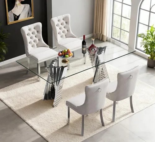 Vista 12 de Juego de mesa de comedor de cristal dorado de 5 piezas, 70 pulgadas, rectangular, moderna, para cocina y comedor, juego para 4, mesa de comedor