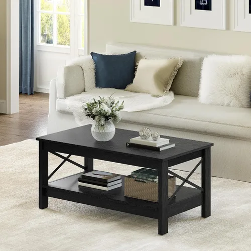 Vista 3 de YITAHOME Mesa de centro para sala de estar, mesa de café moderna de estilo granja con almacenamiento, mesa de centro de 2 niveles, mesa de acento