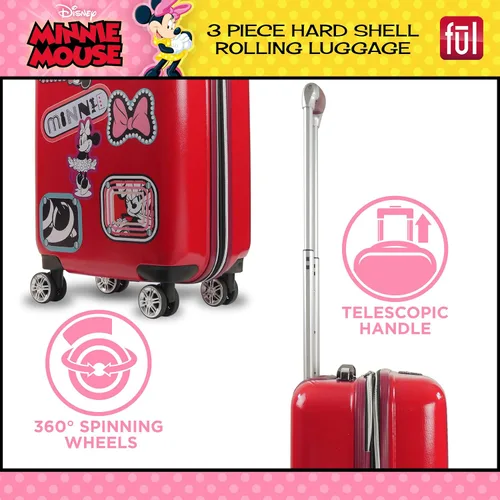 Vista 6 de FUL Disney Minnie Mouse Patchwork - Juego de equipaje con ruedas de 3 piezas, maleta rígida con ruedas, 21, 25 y 29 pulgadas, color rojo, Rojo