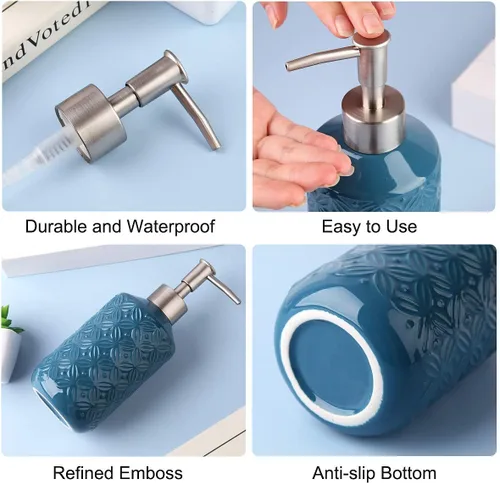 Vista 3 de FE Dispensador de jabón, dispensador de jabón de cerámica de 13.5 onzas con diseño vintage en relieve, recargable para cocina y baño (azul)