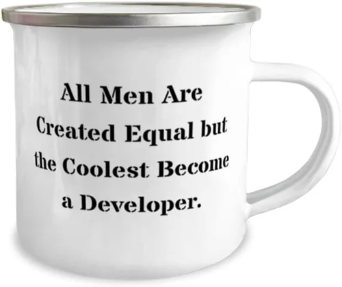 Vista 2 de All Men Are Created Equal but the Coolest Become a Developer. 12oz Camper Mug, Developer, Funny Gifts For Developer from Friends, Software developer