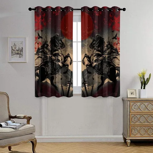 Vista 4 de Cortinas opacas abstractas japonesas samuráis para dormitorio, caballo samurái rústico, rojo, ojal, aislamiento térmico, cortinas de oscurecimiento