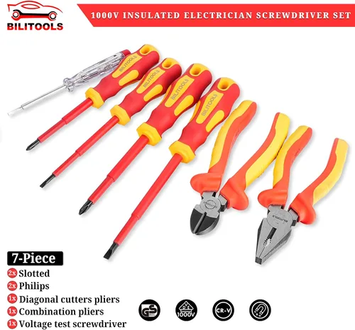Vista 2 de BILITOOLS Juego de destornilladores y alicates para electricistas aislados de 1000 V - Kit de 7 herramientas eléctricas con destornilladores