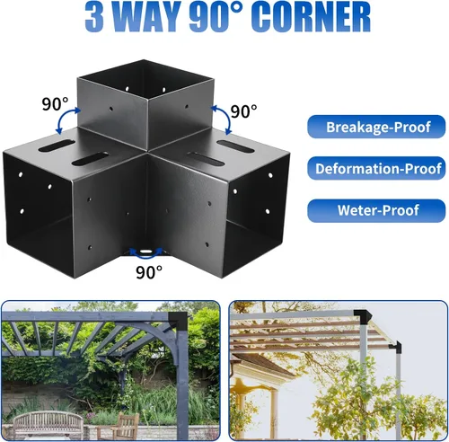 Vista 4 de 4 soportes para pérgola de 4 x 4 pulgadas (real: 3.6 x 3.6 pulgadas) 3 Way 90° Right Angle Corner Bracket DIY Pergola Kit Support Gazebos Patio