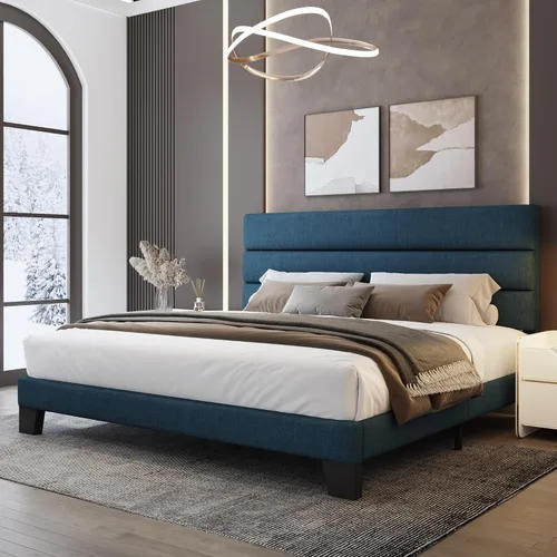 Vista 25 de WEEWAY Base de cama tamaño individual con cabecera tapizada de tela de lino y soporte de listones de madera, base de colchón resistente, no necesita