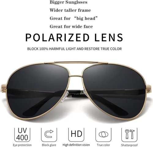 Vista 4 de Gafas de sol de aviador polarizadas extra grandes de marco ancho XL para hombres grandes gafas de piloto militares de gran
