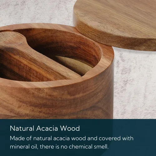 Vista 5 de KITCHENDAO Caja de Tazón de Sal y Pimienta de Madera de Acacia, Cuchara Incorporada, Contenedor de Condimentos de Especias de Dos Compartimentos