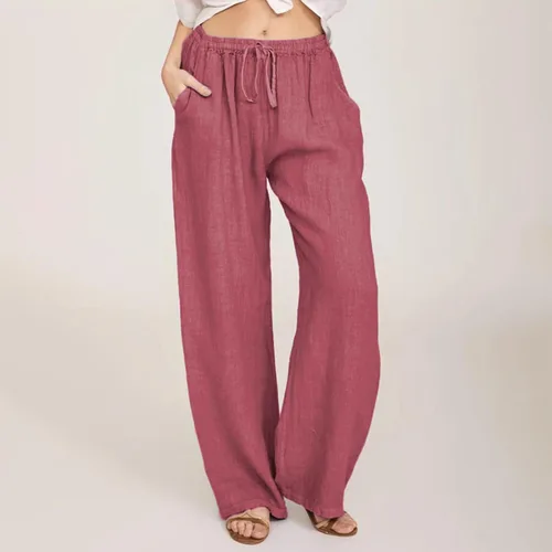 Vista 2 de Pantalones largos casuales sueltos de algodón y lino para mujer, de pierna ancha, con cordón elástico con bolsillo