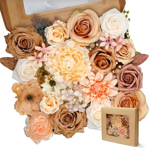 Vista 8 de Flores artificiales naranja, todas las flores falsas de seda champán con tallo para bricolaje, ramos de arco de boda, centros de mesa de despedida