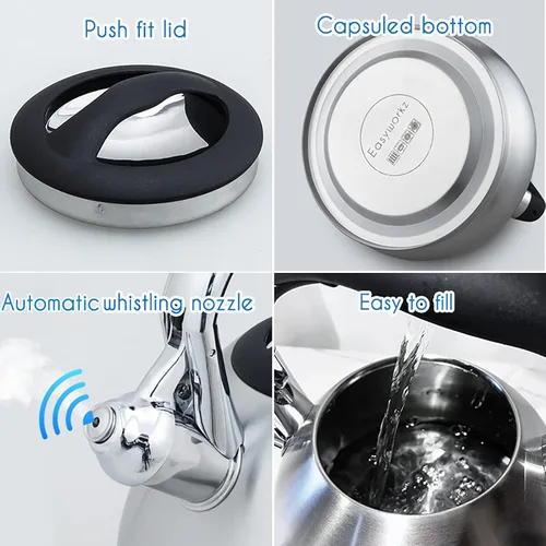 Vista 4 de Easyworkz Hervidor de té silbante de acero inoxidable de grado alimenticio con silbato fuerte, 2.4 cuartos de galón (2.3 l)