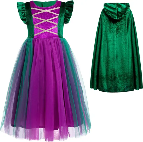 Vista 2 de OBEEII Disfraz de Halloween para niñas, vestido de bruja con capa, peluca de Halloween, trajes de cosplay