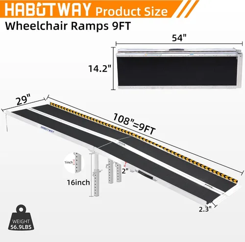 Vista 9 de HABUTWAY Rampa para silla de ruedas de 9 pies, rampa portátil para silla de ruedas con patas de apoyo, rampas dobles antideslizantes con capacidad