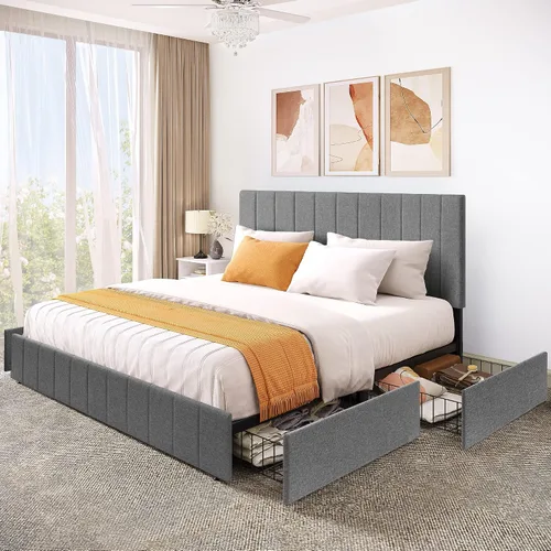 Vista 13 de YITAHOME Base de cama tamaño Queen con cabecera ajustable, 4 cajones de almacenamiento y luces LED RGB, cama de plataforma tapizada de terciopelo