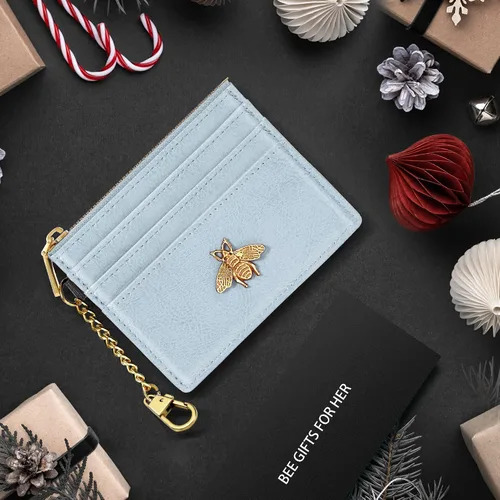 Vista 5 de seavilia Tarjetero para mujeres y hombres con ventana de identificación, Rfid pequeña abeja minimalista cartera delgada, Azul, Minimalista