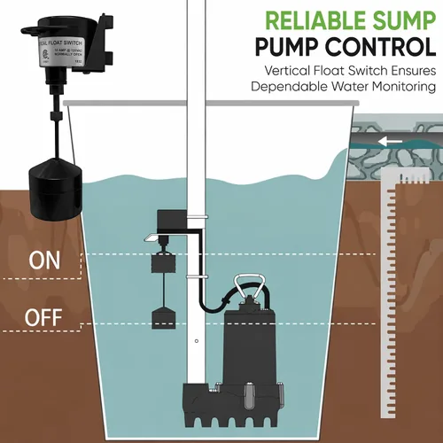 Vista 2 de PumpSpy Interruptor de flotador vertical para bombas de sumidero – Reemplazo de interruptor de bomba universal con cable de 10 pies, control