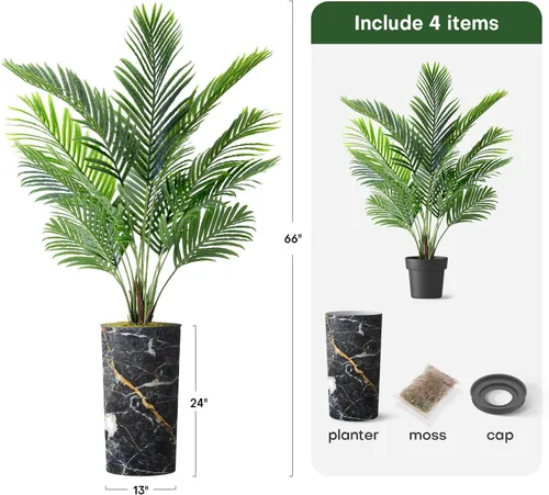 Vista 3 de Árbol artificial en macetero con efecto de granito moderno, palmera tropical areca artificial de seda para decoración del hogar en interiores