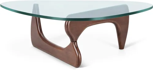 Vista 4 de Mesa de café triangular de vidrio moderna, con vidrio transparente vintage y base de madera maciza, mesa auxiliar para sala de estar, oficina, Nogal