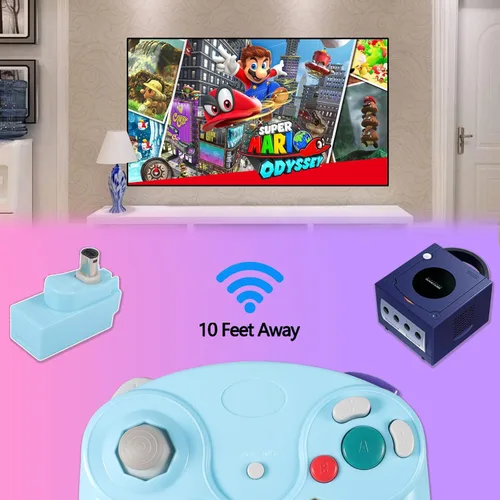 Vista 2 de Dliaonew 24G Wireless Gamecube Controller Classic Gamecube Wii Controller with Receiver Adapter for Wii Gamecube NGC Pink and Blue
