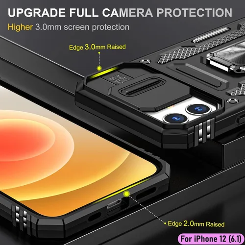Vista 6 de Funda resistente para Apple iPhone 12, protección híbrida de goma de doble capa de grado militar con protector de cámara deslizante, soporte