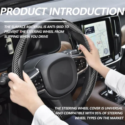 Vista 7 de 2 fundas de volante de fibra de carbono de ajuste universal, antideslizantes, protector segmentado para volante, accesorios interiores de automóvil