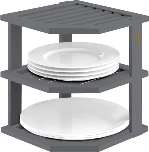 Vista 10 de Paquete de 2 organizadores de platos para gabinete, estante esquinero de bambú para almacenamiento de cocina o baño, estante que ahorra espacio