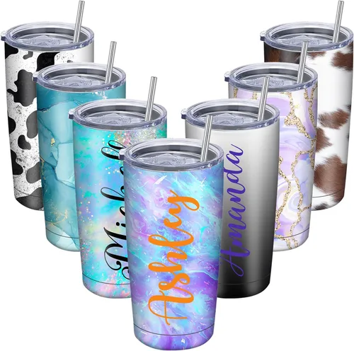 Vista 8 de Vaso personalizado con nombres de imagen, tapa y pajita, taza de café personalizada de 20 onzas, vasos aislados personalizados de acero inoxidable