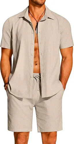 Vista 17 de COOFANDY Conjunto de 2 piezas de algodón y lino para hombre, camisas de manga corta con botones, pantalones cortos de playa de verano, trajes