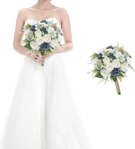 Vista 24 de Ramos para dama de honor para boda - Ramo de flores artificiales de 7 pulgadas para fiesta, ceremonia, aniversario, centros de mesa para mesa de Azul
