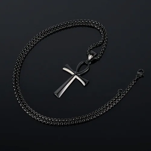 Vista 2 de Reve Collar con colgante religioso de cruz de Ankh copta de acero inoxidable para hombres y mujeres, cadena de 20 a 24 pulgadas
