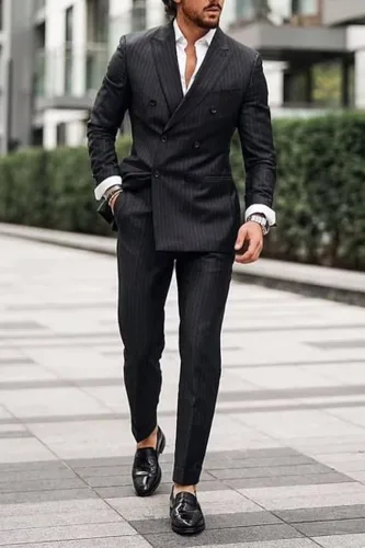 Vista 5 de HUUTOE Traje de rayas para hombre, 2 piezas, doble botonadura, baile de graduación, boda, Halloween, Navidad, fiesta, blazer y pantalones