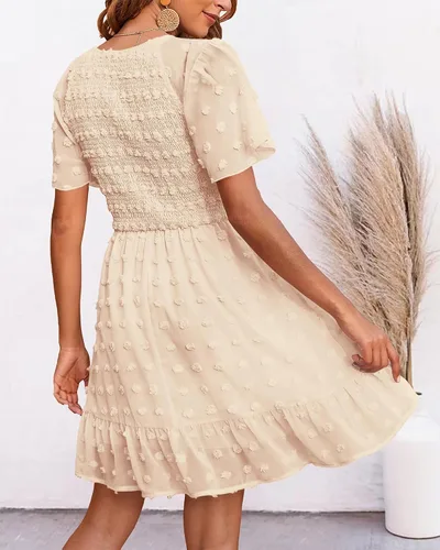 Vista 4 de BTFBM - Vestido de vacaciones en la playa para mujer, cuello en V, manga corta, fruncido, plumetí, casual, con volantes,vestidos cortos