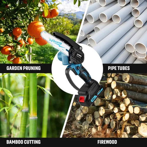 Vista 5 de Motosierra de 6 Pulgadas Mini Motosierra Eléctrica Inalámbrica Alimentada por Batería, Motosierra de Mano para Recortar Madera/Árboles, Herramientas