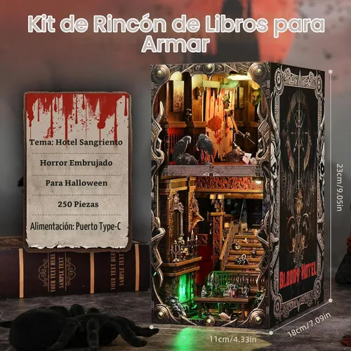 Vista 7 de Kit de Rincón de Libro Espeluznante DIY, Casa de Muñecas en Miniatura Rompecabezas 3D de Halloween, Rompecabezas de Madera 3D de Terror Aterrador