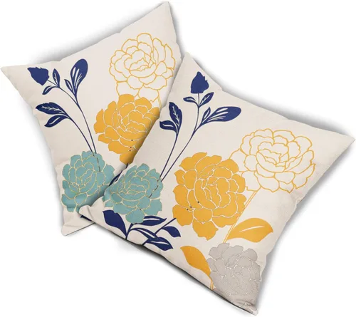 Vista 2 de Fundas de Almohadas para Exteriores con Flores 16x16 Juego de 2, Fundas de Almohadas Decorativas Verde Azulado Gris Mostaza Amarillo Floral, Fundas