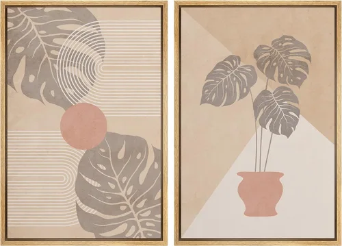 Vista 125 de SIGNFORD Lienzo enmarcado para pared, juego de arte geométrico retro de mediados de siglo, plantas forestales, ilustraciones con formas abstractas