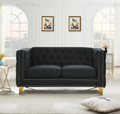 Vista 11 de Sofá de terciopelo de 3 plazas, cómodos sofás para sala de estar, sofá moderno con respaldo copetudo y decoración de remaches, sofá largo tapizado