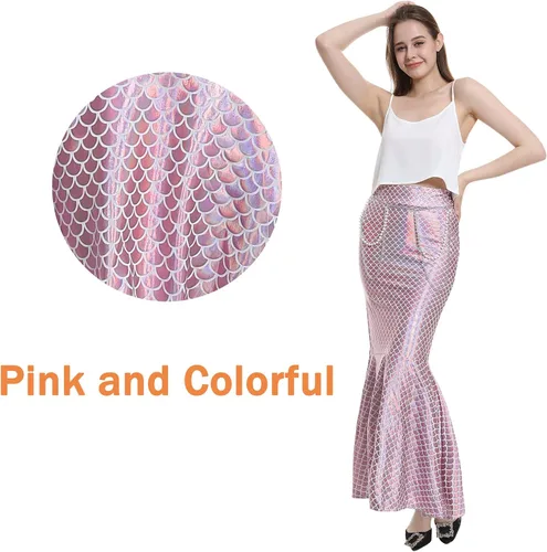Vista 4 de ReneeCho Disfraz de sirena para mujeres adultas, traje de falda larga elástica brillante para Halloween, juego de rol, incluye cintura y cadena