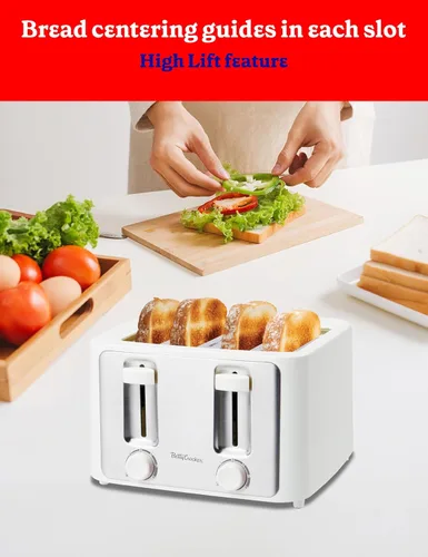 Vista 4 de Betty Crocker Tostadora de 4 rebanadas, 1500 W, diales de control de sombra tostada variable, función de elevación alta, carcasa de tacto fresco