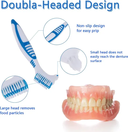 Vista 5 de Cepillo de dentadura postiza, 2 piezas de cepillo de dientes falsos con estuche de transporte blanco, cerdas multicapa naranja y azul con mango
