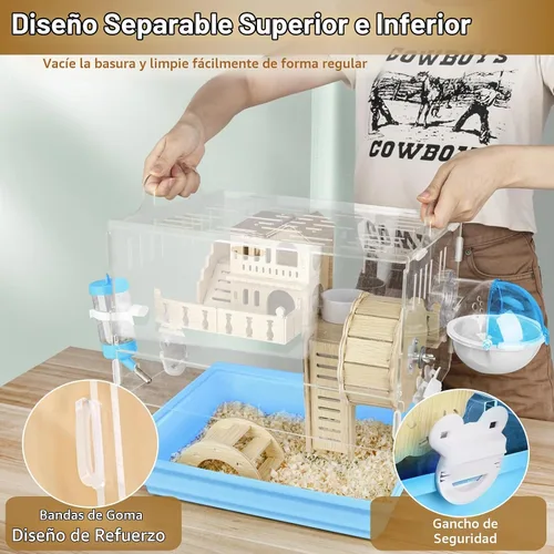 Vista 5 de Cycodo Jaula acrílica 8 en 1, jaula de hámster enano de 2 niveles con rueda y escondite de madera, hábitat de hámster pequeño con accesorios, casa