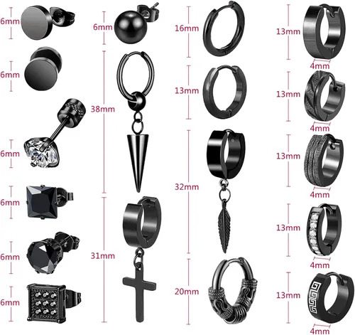 Vista 4 de Aretes para hombre 18 pares de aretes quirúrgicos de acero inoxidable para hombres y mujeres aretes de circonita cúbica aretes de aro colgantes